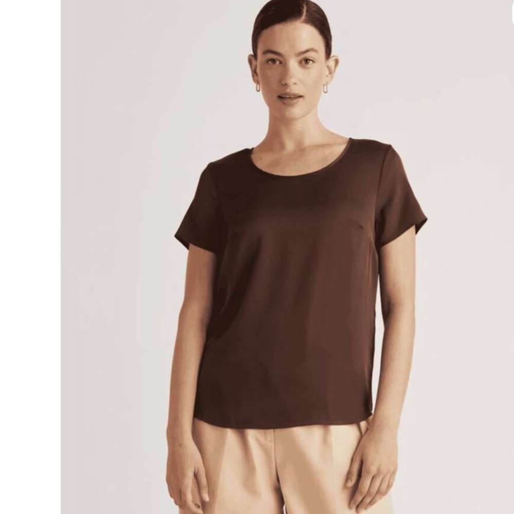 QUINCE Silk Top Womens L Brown Stretch 
Blouse Capsule Quiet Luxury Old Money